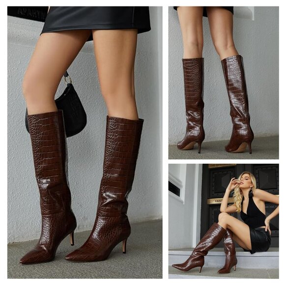 wetkiss Womens Knee High Boots with Kitten Heel and Pointed Toe Design - Size 10 - Picture 2 of 8